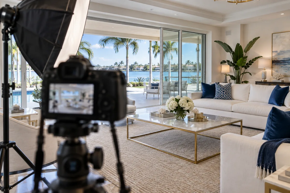 Camera and softbox set up to photograph a staged living room with a water view