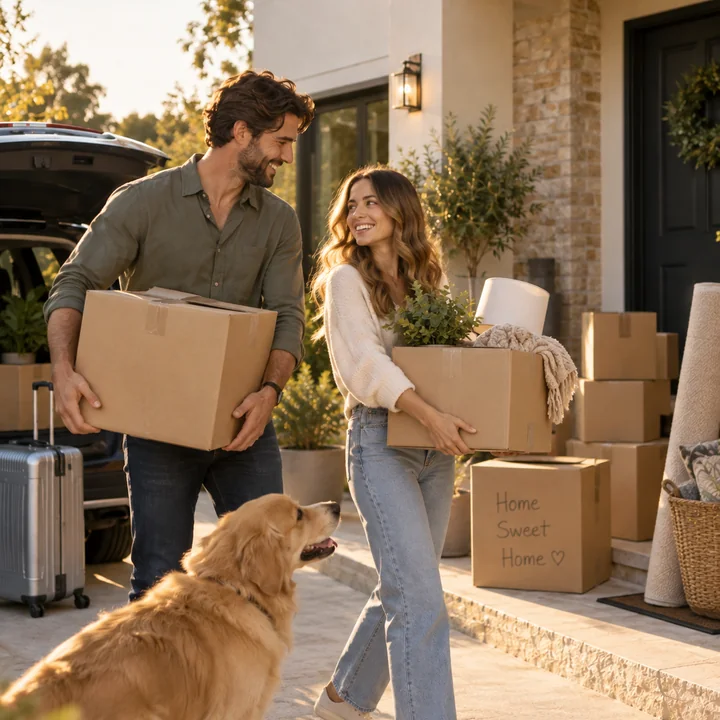A family carrying labelled moving boxes into a house